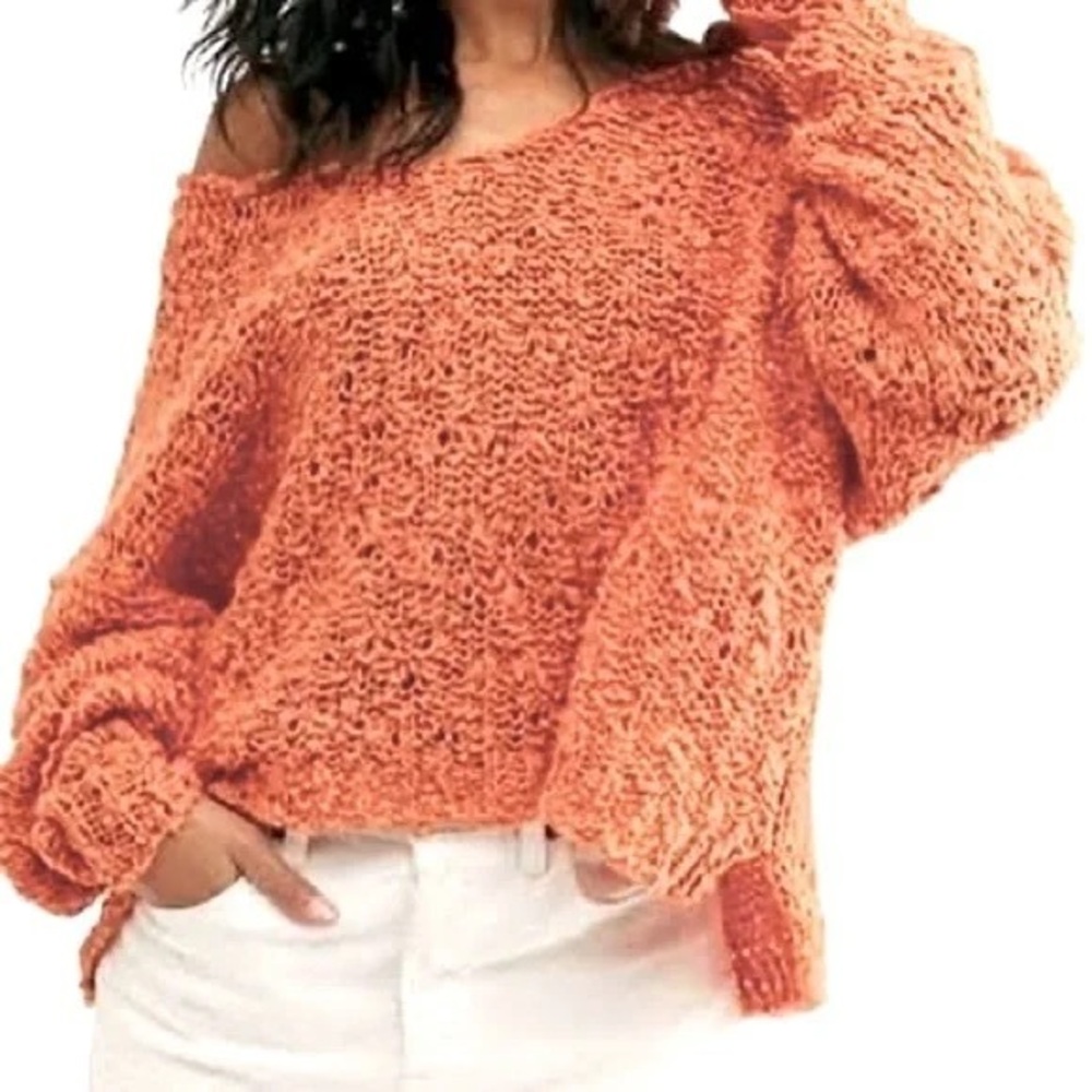 Free‎ People Textured Knit Sweater XS Burnt Orange Boho Slouchy Lightweight